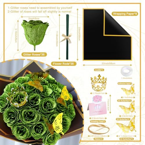 Green Glitter Flowers Bouquet, Fake Roses 36 Pcs