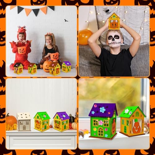 Fennoral 14 Pack Wooden Pumpkin House Craft for Kids - DIY Paint 3D Pumpkin House Art and Craft for Halloween Party Decoration