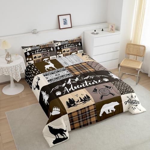 Castle Fairy Hunting Adventure Comforter Set Queen Size,Deer Bear Wolf Rustic Farmhouse Bedding Set for Women Adult,Exotic Aztec Boho Tribal Brown Check Luxury Bed Duvet Insert, 2 Pillowcases