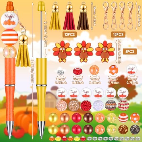 Jutom 12 Thanksgiving Bead Pens DIY Kit 50 Beads 12 Tassels Turkey Pendants