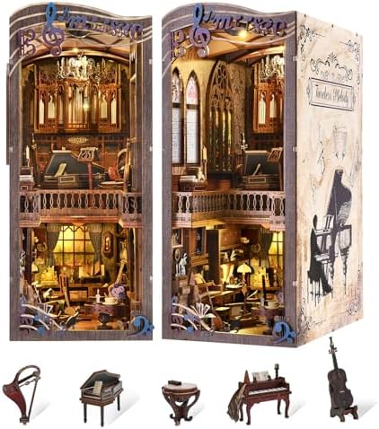 fifijoy Book Nooks, DIY Miniature Book Nook Kit Music, 3D Wooden Puzzle Bookends for Bookshelf Insert Decor with Led Light for Teens and Adults (Timeless Melody)