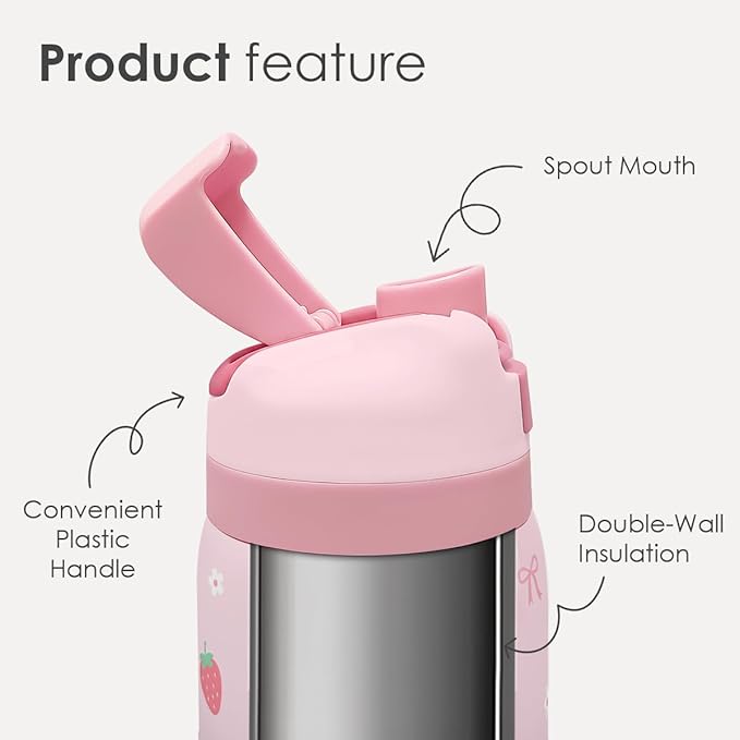 Strawberry Bow Insulated Stainless Steel Water Bottle with Straw for Sports and Travel, 32oz, Gifts for Women Girls Friends Teens Birthday Christmas