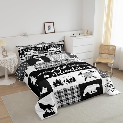 Castle Fairy Hunting Adventure Comforter Set Queen Size,Deer Antler Bear Pine Patchwork Bedding Set for Women Adult,Arrow Lodge Boho Aztec Camper Grid Luxury Bed Duvet Insert, 2 Pillowcases