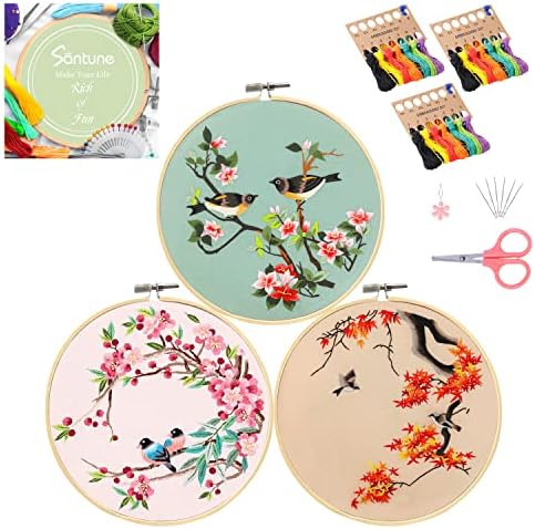 Santune 3 Pack Embroidery Kit for Adults Cross Stitch Kits for Beginners with Bird Patterns,3 Instructions,1 Hoop,Threads and 6 Needles,Hand Needlepoint Sets for Women