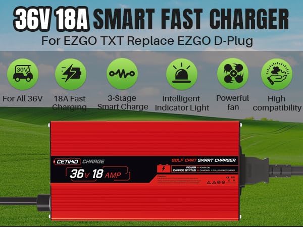 36 Volt Golf Carts Battery Charger for EZGO TXT, Trickle Charger 3.0 Technology, 18 AMP, 4-6 hrs Full Charge, Replace EZGO D-Plug, 16FT