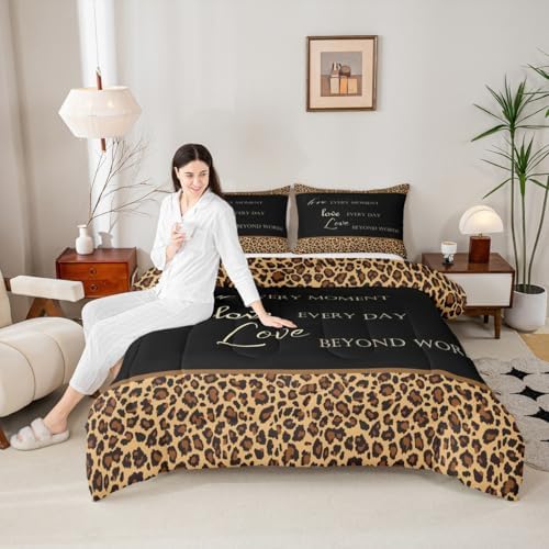 Castle Fairy Leopard Print Comforter Set Twin Size,African Wild Animal Fur Pattern Bedding Set for Kids Boys Men,Cheetah Skin Brown Black Quilted Duvet Set with 1 Pillowcase