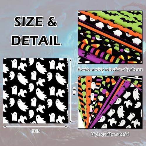 JarThenaAMCS 60Pcs Halloween Fabric Squares Pumpkin Black Cat Ghost Witch Cotton Fabric Bundles Small Green Purple Black Orange Sewing Fabrics for DIY Sewing Craft Decor