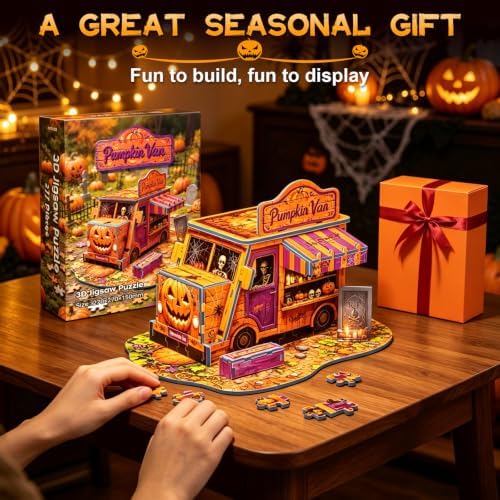 Halloween 3D Puzzle for Adults, Pumpkin Van Miniature Building Kit, DIY Craft Model Kit, Spooky Halloween Festival Decoration Display, 3D Paper Puzzle Home Décor Gift for Teens Family & Friends