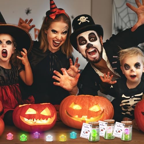 Skylety 60 Sets Halloween Ghost in a Mason Jar with Moss and Card Glow in the Dark Adopt a Ghost Figurine Luminous Creepy Crafts Spooky Crafts for Halloween Horror Decorations DIY Party Gifts