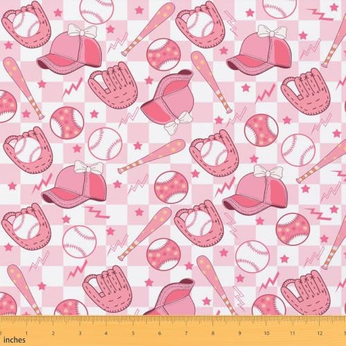Pink Buffalo Plaid Bow Baseball Cap Upholstery Fabric Baseball Glove Bat Outdoor Fabric by The Yard 72"x63", Ball Game Sports Competitive Games Stars Softball DIY Craft Hobby Polyester Fabric