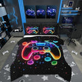 Game Consoles Kids Boys Reversible Comforter Set Queen Size,Gaming Bedding Sets Gamer Room Decor Gifts Galaxy 3D Neon Honeycomb Video Games Polyester Quilt Set,2 Pillowcases (Red Green Blue)