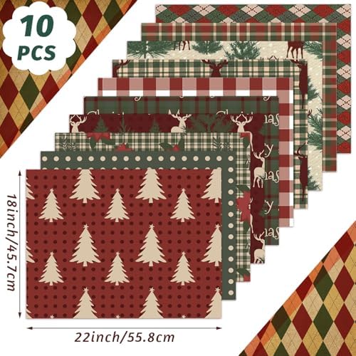 Hahafelt 10 Pcs 18"x22" Christmas Woodland Fat Quarters Plaid Fabric Bundle