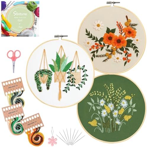 Santune 3 Sets Embroidery Kit for Beginners Needlepoint Cross Stitch Kits for Adults,Stitch Learning DIY Sets with Instruction Video,Stamped Floral Patterns,Hoop,Threads,Sewing Kit