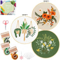 Santune 3 Sets Embroidery Kit for Beginners Needlepoint Cross Stitch Kits for Adults,Stitch Learning DIY Sets with Instruction Video,Stamped Floral Patterns,Hoop,Threads,Sewing Kit