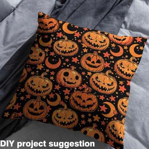 Halloween Themed Fabric by The Yard Cartoon Hippie Gothic Style Pumpkin Fabric for Sewing Lovers Cute Starry Stars Moon Soft Polyester No Stretch 2 Yards,72" Lx59 W Orange Black