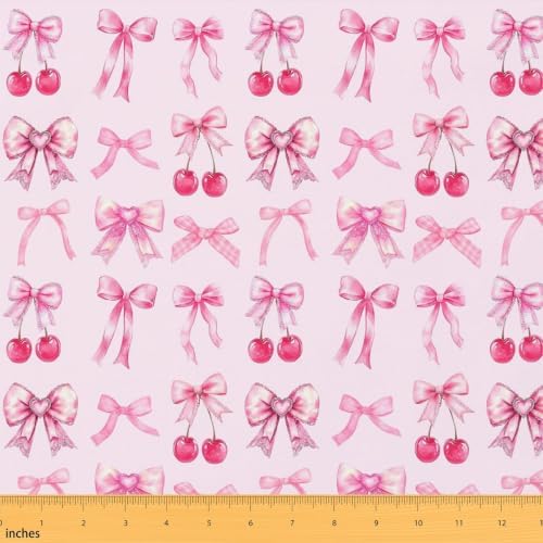 Light Pink Cherry Bow Upholstery Fabric for Chairs | Cute Silk Ribbon Bowknot Outdoor Fabric by The Yard 362"x63", Princess Bow Tie Dreamy Kawaii Landscape Fabric
