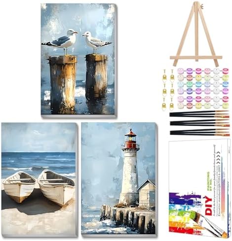 Mandun Beach Paint by Numbers Kit for Adults, 3 Pack, 7.8x11.8 inch