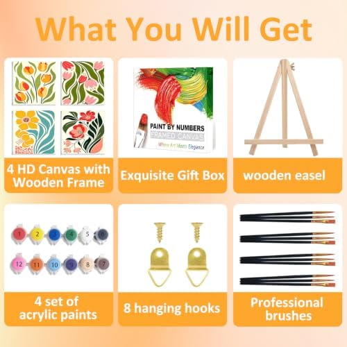 4 Pack Flower Paint by Numbers Kit for Kids, with Frame, 7.8x7.8 inch