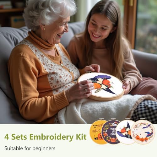 Santune 4-Pack Halloween Embroidery Kit Cross Stitch Kits for Beginners DIY Needlepoint Kit with 4 Embroidery Clothes Featuring Pumpkin Patterns,2 Hoops,Color Threads,Needles