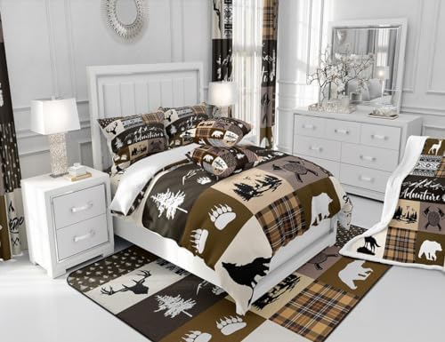 Castle Fairy Hunting Adventure Comforter Set Queen Size,Deer Bear Wolf Rustic Farmhouse Bedding Set for Women Adult,Exotic Aztec Boho Tribal Brown Check Luxury Bed Duvet Insert, 2 Pillowcases