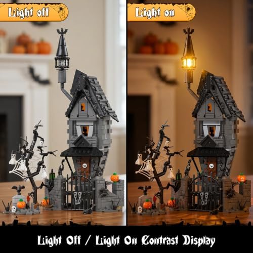 2026 Halloween Haunted Mansion Building Set,Before Xmas Haunted House Building Blocks Set with Light, Glow-in-The-Dark Pumpkins and Skeleton Ghosts, Halloween Toys Gifts for Adults & Kids