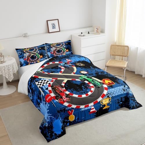 King Size Comforter Sets for Boys Kids,Racing Car Bedding Comforter Sets,Cars Bedding for Teens Men,Cars Lover Bedding,Cool Race Cars Quilt Bed Set with 1 Comforter 2 Pillowcases(Blue Red)