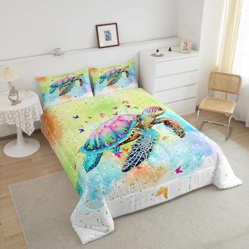 Castle Fairy Sea Turtle Comforter Set Full Size,Watercolor Tortoise Butterfly Bedding Set for Girls Teens Bedroom Present,Girly Dreaming Style Soft Chic Quilted Duvet with 2 Pillowcases