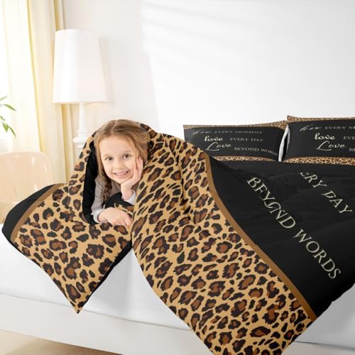 Castle Fairy Leopard Print Comforter Set Queen Size,African Wild Animal Fur Pattern Bedding Set for Women Adult,Cheetah Skin Brown Black Luxury Bed Duvet Insert, 2 Pillowcases