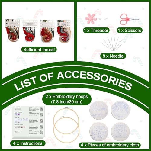 Santune Christmas Embroidery kit,Fall Needlepoint Cross Stitch Kits for Beginners Adult,Needle Point Sets,4 Embroidery,2 Hoops,Christmas Ornaments