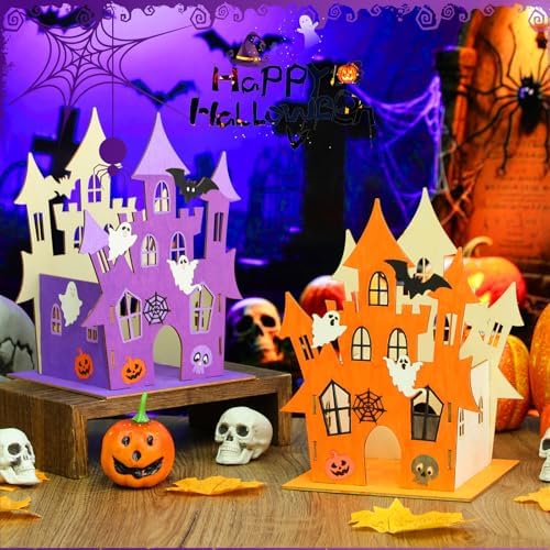 DoubleFill 6 Set Halloween Wooden Castle House Craft Kits with Paints