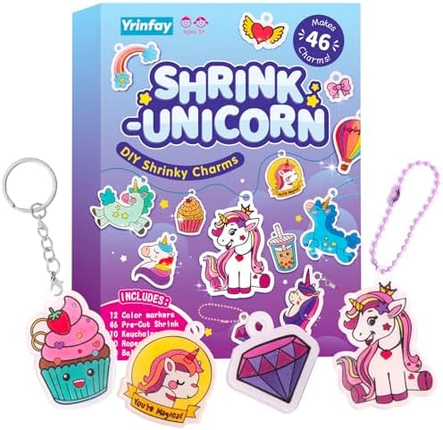 Yrinfay 89PC DIY Unicorn Shrinking Plastic Art Kit - 46 Pre-Cut Shapes, 12 Markers & Accessories - Make Charms, Keychains & Tags - No-Mess Craft for Kids - Birthday Gift with Shrinking Plastic Sheets