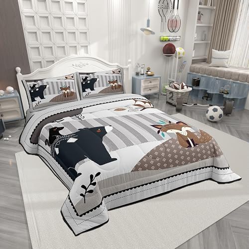 Cartoon Animal Bedding Comforters King Size,Cute Bear Owl Fox and Plant Comforter Set for Children Xmas Gift,Exotic Indian Style Quilt Set Bedroom Decor, 2 Pillowcases