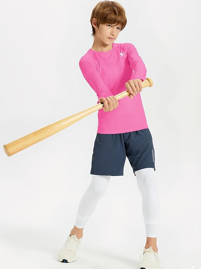 DEVOROPA Youth Boys Compression Shirt Long/Short Sleeve Football Baseball Undershirt Quick Dry Kids Sports Baselayer Crewneck