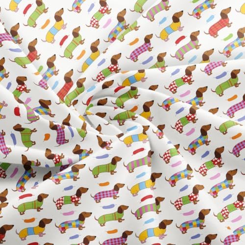 Cartoon Dachshund Fabric by The Yard,Colorful Grid Plaid Soft Polyester No Stretch Fabric,Lovely Dogs Puppies Decorative Fabrics,Green White Crafts & Sewing Supplies,5 Yards,180" L x 59" W
