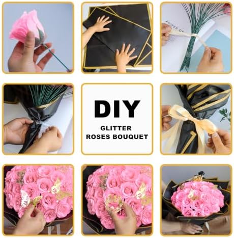 36 Pack Glitter Roses Bouquet Kit - DIY Fake Shiny Flowers with Stems Butterfly Crown Eternal Floral for Graduation Handmade Wedding Bouquet Anniversary Birthday Gift - Light Pink