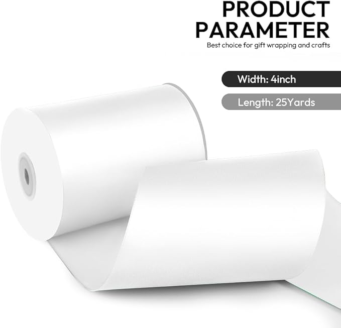 4 Inch 25 Yard Wide Satin Ribbon White, Solid Fabric Large Ribbon Roll - Image 2
