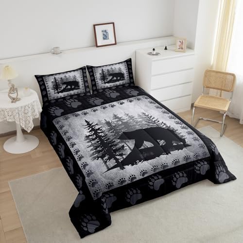 Bear Print Kids Comforter Set King Size,Wild Animal Pine Trees Retro Bedding Set All Season Bear Paw Pattern Quilt Set with 2 Pillowcases,Rustic Grid Plaid Hunt Lodge Decor Polyester Comforter, Grey