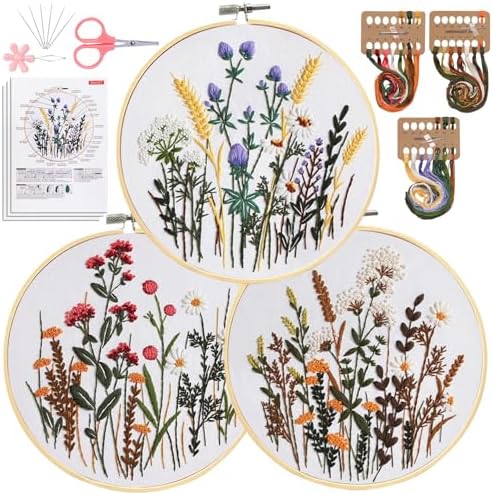 Santune 3 Pack Embroidery Kit for Beginners, Needlepoint Cross Stitch Kits for Adults,Needle Point Sets with Stamped Wild Flower Pattern Stitch Video Tutorial