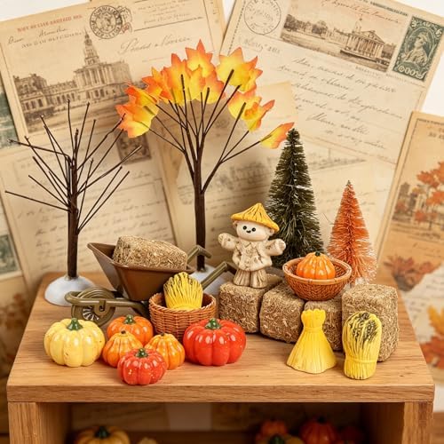 33 PCS Mini Fall Figurines Thanksgiving Resin Figurines Autumn Tiny Resin Farm Miniature Include Trees Pumpkins Scarecrow Wheelbarrow Ears of Wheat Basket Fence for Harvest Home Table Decorations
