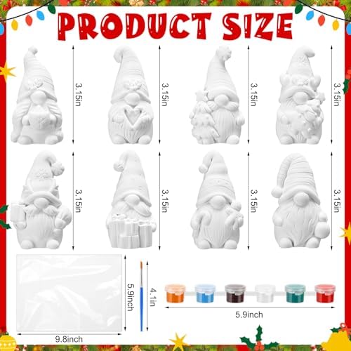 PullCrease 8 Pcs Christmas Gnome Ceramics to Paint Crafts Kit