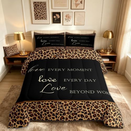 Castle Fairy Leopard Print Full Size Comforter Set,African Wild Animal Fur Pattern Bedding Comforters Bedroom Collection,Cheetah Skin Brown Black Bedding Set for Girls Teens