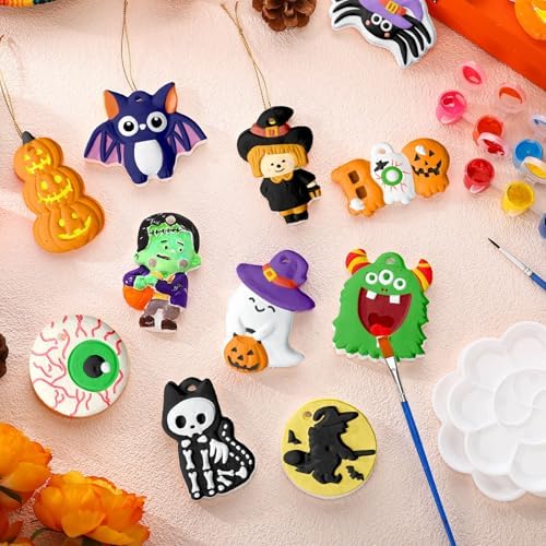 Seenelling 24 Sets DIY Painting Kits Paint Your Own Ceramics Monsters Ghost Unpainted Plaster Statues Arts and Crafts with Brush, Lanyard for Classroom Kid DIY Paint Craft Kit(Classic)