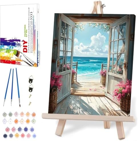DIY Scenery Paint by Numbers Kit for Adults with Framed Canvas,Landscape Beach Digital Oil Painting Kit for Beginners,Acrylic Paint by Number Kits with Wooden Easel for Holiday Gifts 12X16 Inch.
