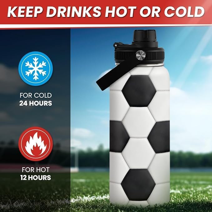 Soccer Water Bottle with Lid - 32oz Insulated Stainless Steel Sport Bottles - Men Soccer Player Fan Coach