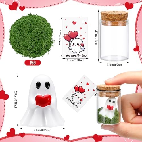 Skylety 30 Sets Valentines Day Ghost in a Mason Jar with Moss and Card Cute Red Heart Valentine Figurine Bulk Adopt a Ghost Figurine for Valentines Decorations DIY Party Gifts