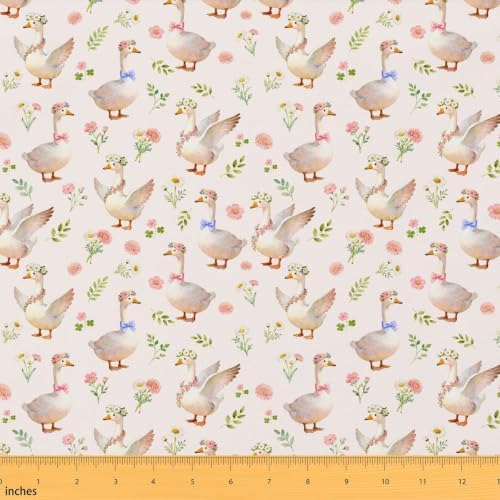 Cute Goose Fabric by The Yard,Kawaii Goose Farm Animal Soft Polyester No Stretch Fabric,Rustic Flowers Leaves Decorative Fabrics,Beige Crafts & Sewing Supplies,10 Yards,360" L x 59" W