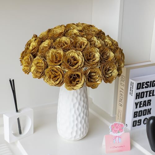 CCYXSHOW DIY Artificial Roses Bouquet 36 Pack - Gold Fake Shiny Roses Flowers with Stems Eternal Floral Gifts for Elegance Wedding Bouquet Anniversary Birthday Graduations Valentine's Day