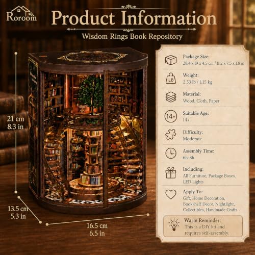 Roroom DIY Miniature House Kit, Vintage Circular Library Book Nook Kit