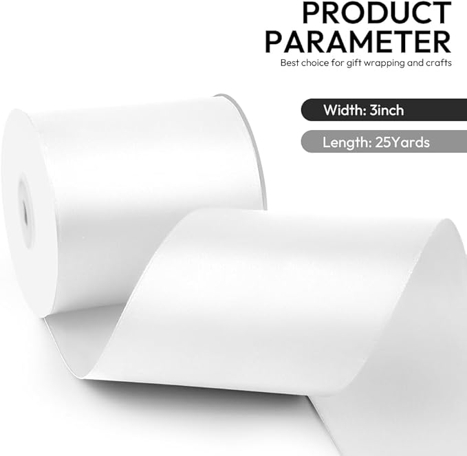 3 Inch 25 Yard Wide Satin Ribbon White, Solid Fabric Large Ribbon Roll - Image 2