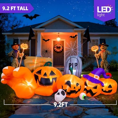 Garma 9.2 Ft Halloween Inflatables Outdoor Decorations, Long Inflatable Blow Ups Yard Decoration Pumpkin with Build-in LEDs, Gravestone and Witch Hat for Halloween Party Indoor, Lawn, Garden Decor
